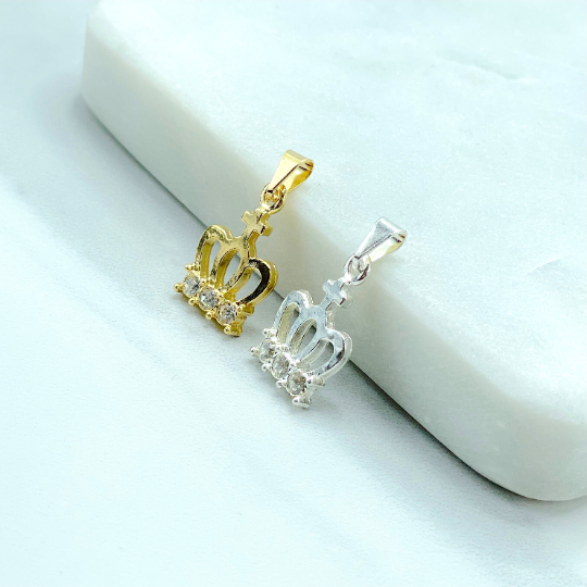 18k Gold Filled Silver Filled Cubic Zirconia VW Delicate, Designer Crown Pendant, Gold or Silver, Wholesale Jewelry Making Supplies