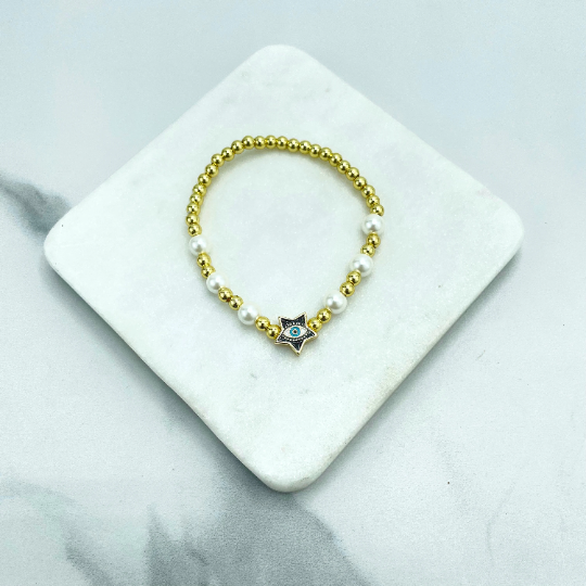 18k Gold Filled Simulated Pearl and Gold Beads Bracelet with Enamel Colored Star Shape Evil Eye Charm Wholesale Jewelry Making Supplies
