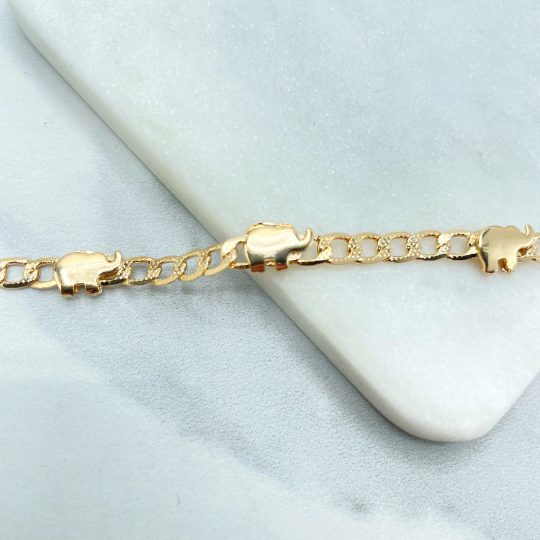 18k Gold Filled 5mm Texturized Curb Link Chain with Elephants Charms Liked Bracelet