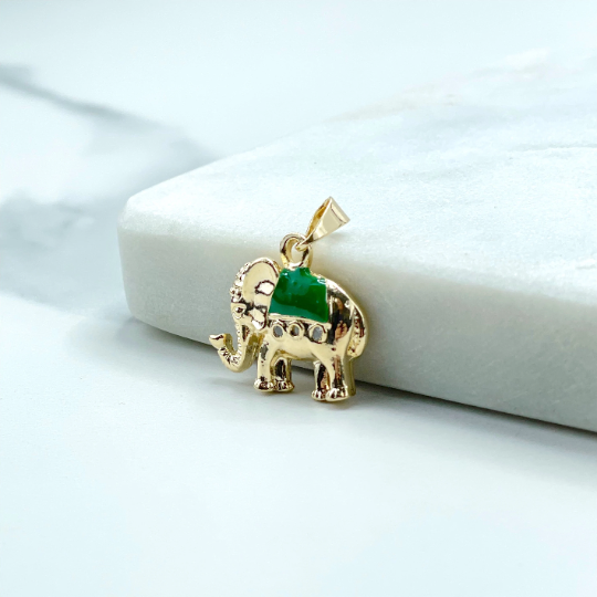 18k Gold Filled Green Enamel Texturized Indian Elephant Shape Pendant Charms
