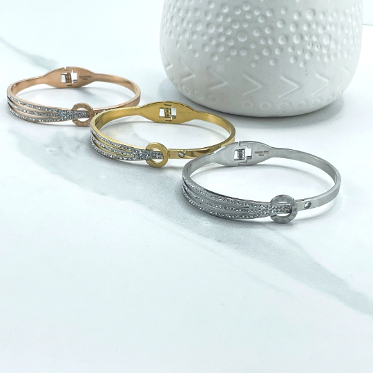 18k Gold Filled, Silver Filler or Rose Gold, Roman Numeral Detail Clear Cubic Zirconia Bangle Bracelet Wholesale Jewelry Making Supplies