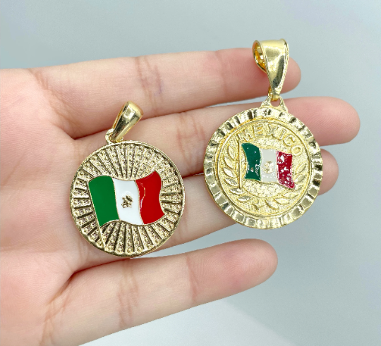18k Gold Filled Texturized Mexico Flag Colored Medal Pendant Charms