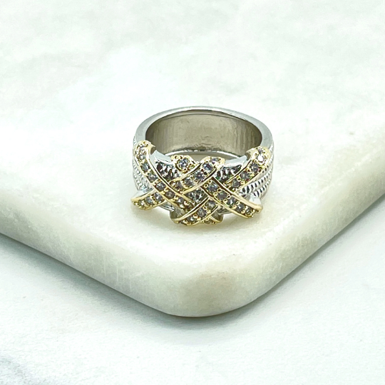 18k Gold Filled and Silver Filled, Clear Cubic Zirconia Details Crisscross Ring