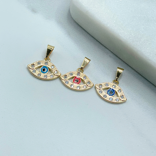 18k Gold Filled Eye with Clear Cubic Zirconia Red, Dark Blue or Blue Evil Eye Charms Pendant, Wholesale Jewelry Making Supplies