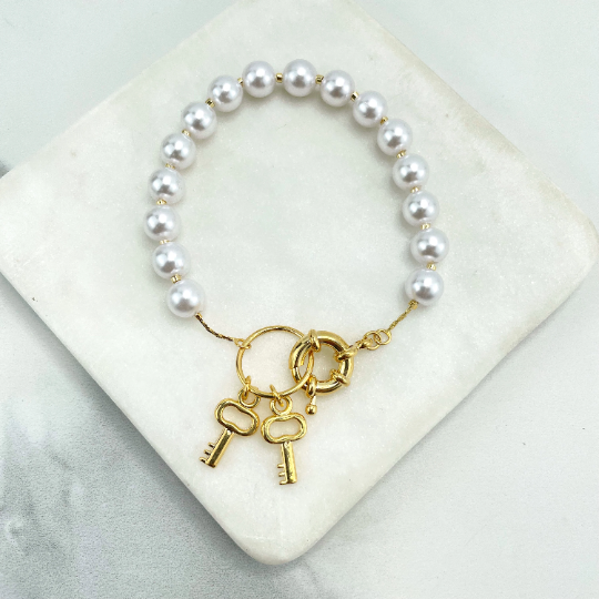 18k Gold Filled Pearl Linked Chain with Spring Ring Clasp front & Lock and Key Charms Set