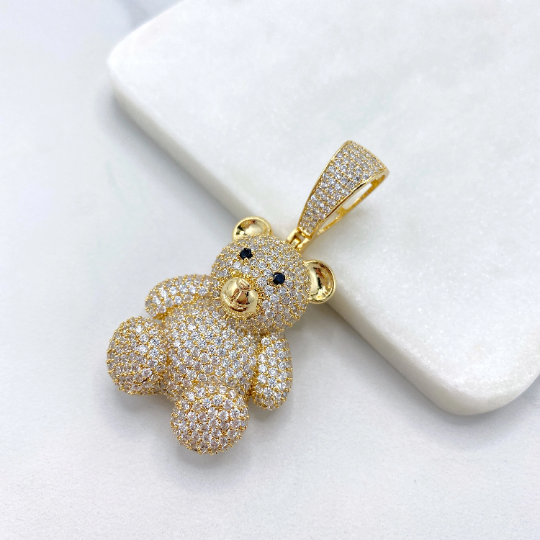 18k Gold Filled or Silver Filled Micro Pave Puffed Teddy Bears Shape Pendant Only, with Large Bail