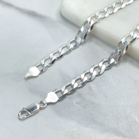 925 Sterling Silver 8mm Flat Curb Link Chain, Cuban Link Chain, 24 Inches, Stamped 925
