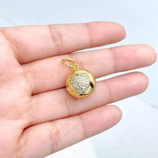 18k Gold Filled Heart with Micro Cubic Zirconia and back with Stars Hole Ball Pendant Charms