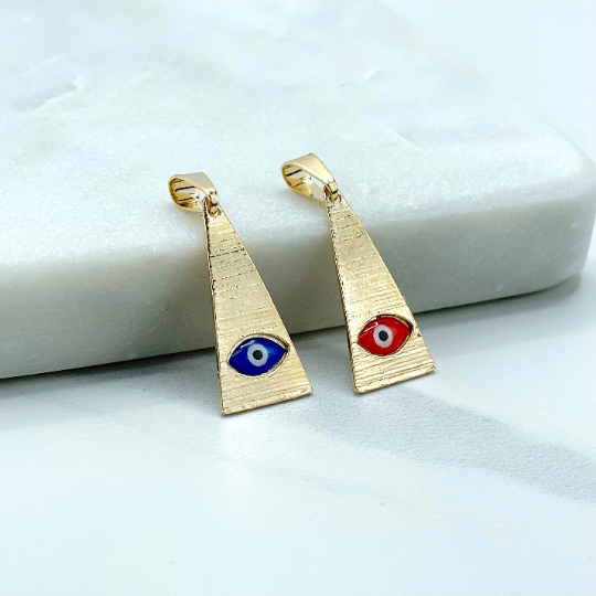 18k Gold Filled Pyramid Triangle with red or Blue Evil Eye Charms Pendant, Wholesale Jewelry Making Supplies