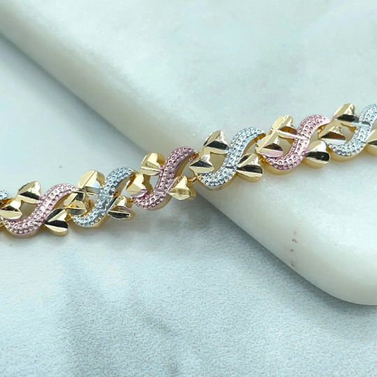 18k Gold Filled Twisted Tri-Tone Chain with Hearts Linked Bracelet, Wholesale Jewelry Making Supplies