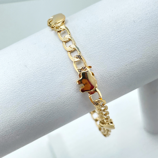 18k Gold Filled 5mm Texturized Curb Link Chain with Elephants Charms Liked Bracelet