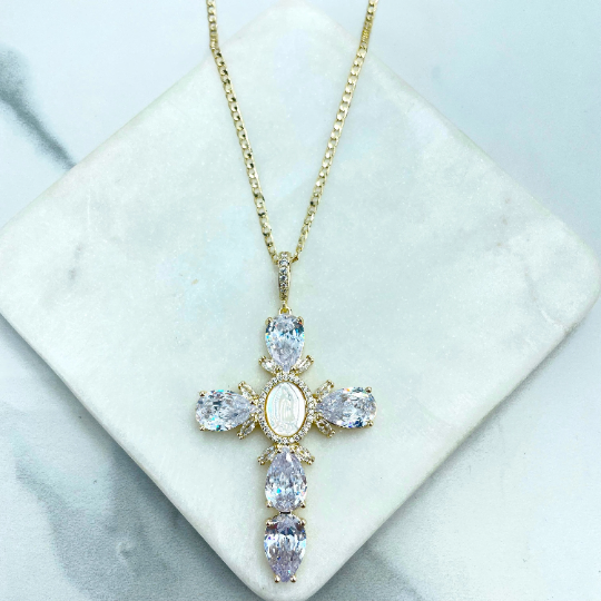 18k Gold Filled Clear CZ & Madre of Pearl Virgen de Guadalupe, Our Lady of Guadalupe Cross Curb Link Chain Necklace, Wholesale Jewelry