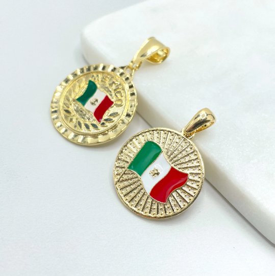 18k Gold Filled Texturized Mexico Flag Colored Medal Pendant Charms