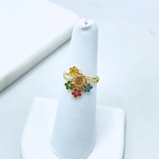 18k Gold Filled Colored Enamel Flowers Design Ring