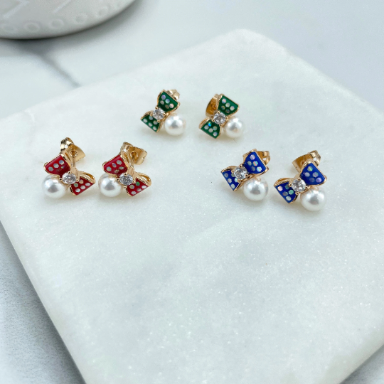 18k Gold Filled Enamel Red, Blue or Green Bow with Pearl & CZ Details Stud Earrings, Romantic Deliciated Vintage Inspo