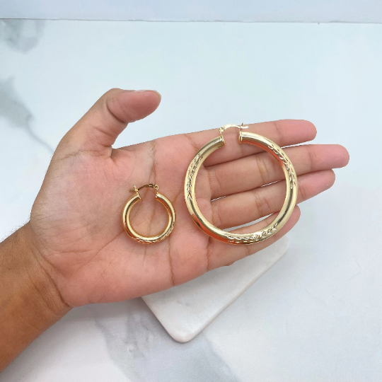 18k Gold Filled 30mm or 60mm Diamond Cut Details Hoops Earrings