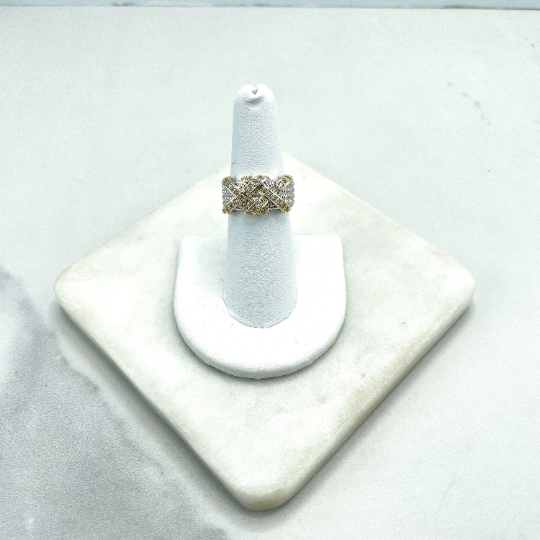 18k Gold Filled and Silver Filled, Clear Cubic Zirconia Details Crisscross Ring