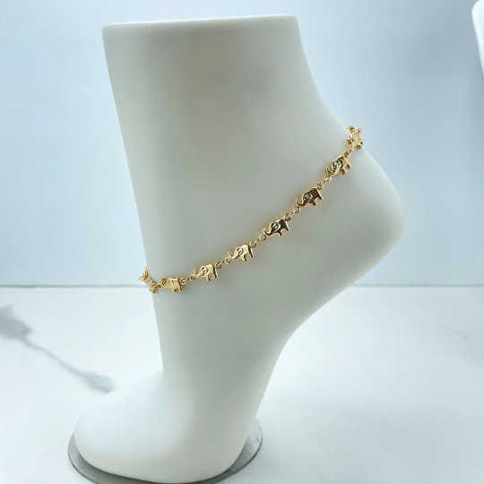 18k Gold Filled 4mm Puffed Elephants Linked Chain Anklet
