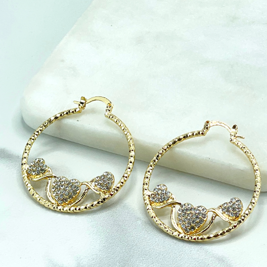 18k Gold Filled Texturized Hoops Earrings, Three Clear Cubic Zirconia Hearts Details