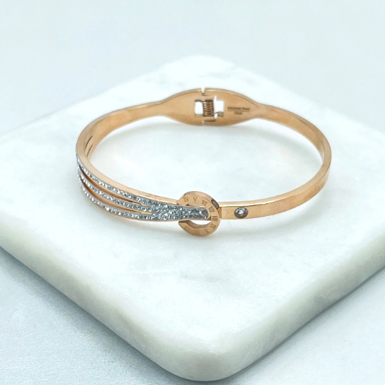 18k Gold Filled, Silver Filler or Rose Gold, Roman Numeral Detail Clear Cubic Zirconia Bangle Bracelet Wholesale Jewelry Making Supplies