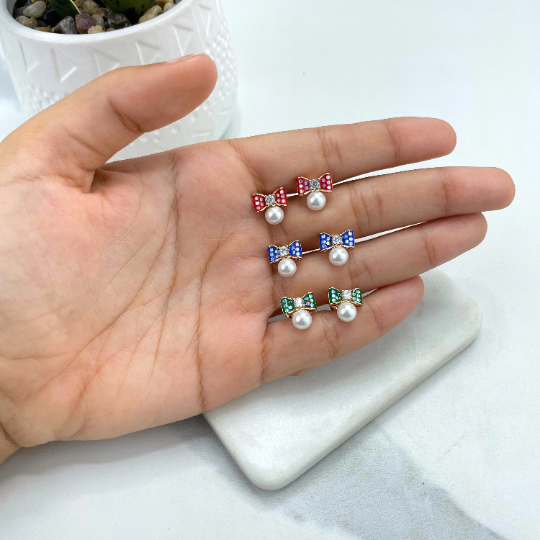 18k Gold Filled Enamel Red, Blue or Green Bow with Pearl & CZ Details Stud Earrings, Romantic Deliciated Vintage Inspo