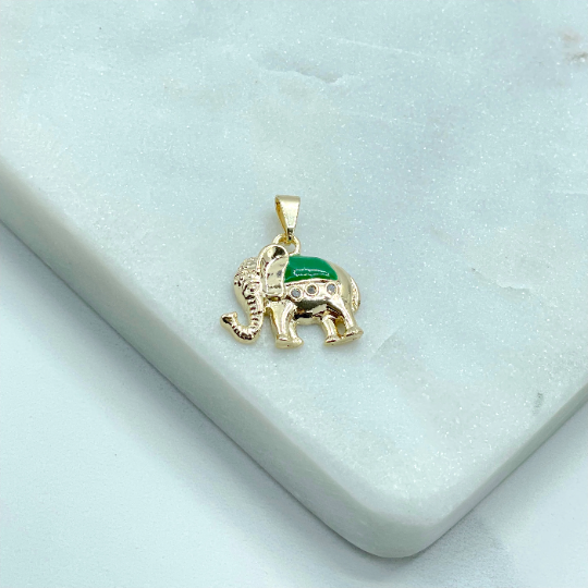 18k Gold Filled Green Enamel Texturized Indian Elephant Shape Pendant Charms Wholesale Jewelry Making Supplies