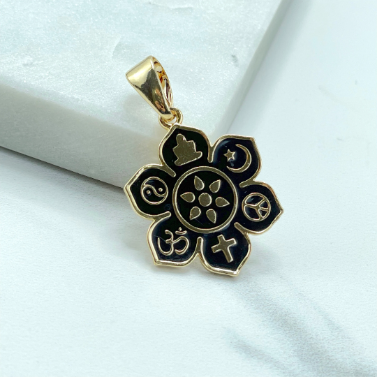 18k Gold Filled Black Enamel Flower, Buddha Lotus, Peace Sign, Namaste, Yin Yang, Charm Pendant