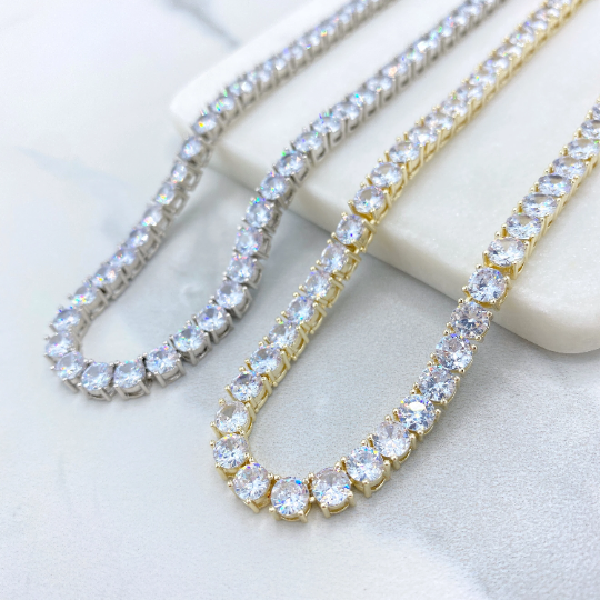 18k Gold Filled or Silver Filled 5mm Cubic Zirconia Round Cut Tennis Necklace, Double Safety Lock Box