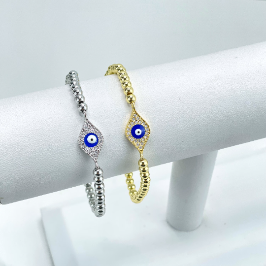 18k Gold Filled or Silver Filled Blue Enamel & Micro CZ Evil Eye Shape Charm, Beaded Fancy Fashion Bracelet, Wholesale Jewelry Supplies