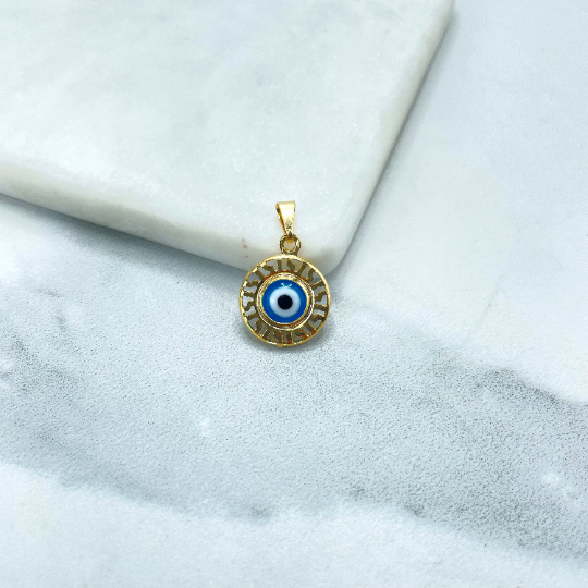 18k Gold Filled Blue Enamel Evil Eye, Greek Eye with Ethnic Details Circle Charm Pendant, Luck & Protection Coin Amulet
