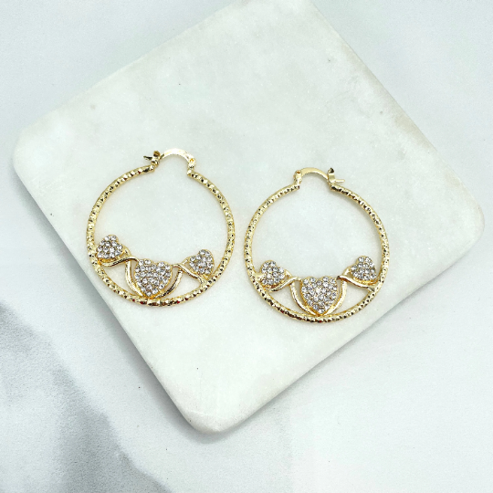 18k Gold Filled Texturized Hoops Earrings, Three Clear Cubic Zirconia Hearts Details