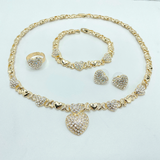 18k Gold Filled Cubic Zirconia Heart Hug & Kisses XoXo Design Set 04 Pieces