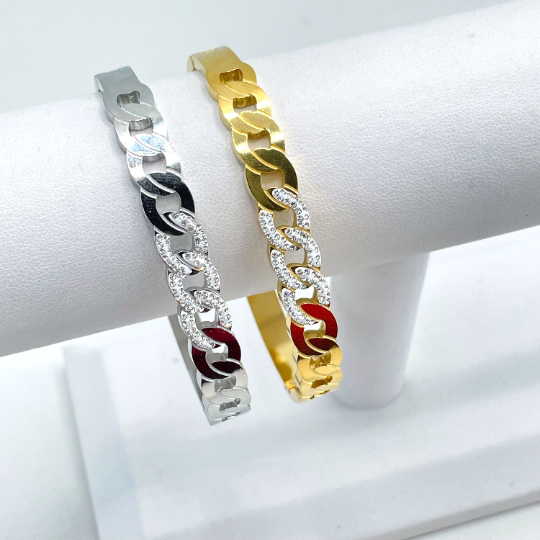 Stainless Steel Gold or Silver Plated With Micro Cubic Zirconia, Links Front Design, Bangle Bracelet