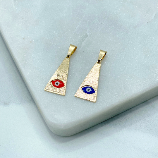 18k Gold Filled Pyramid Triangle with red or Blue Evil Eye Charms Pendant, Wholesale Jewelry Making Supplies