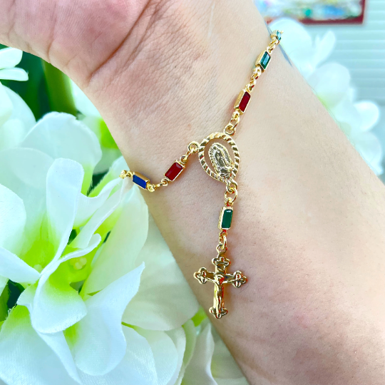 18k Gold Filled Virgen De Guadalupe, Our Lady of Guadalupe, Colorful Fashion Rosary or Rosary Style Bracelet, Wholesale Jewelry Supplies