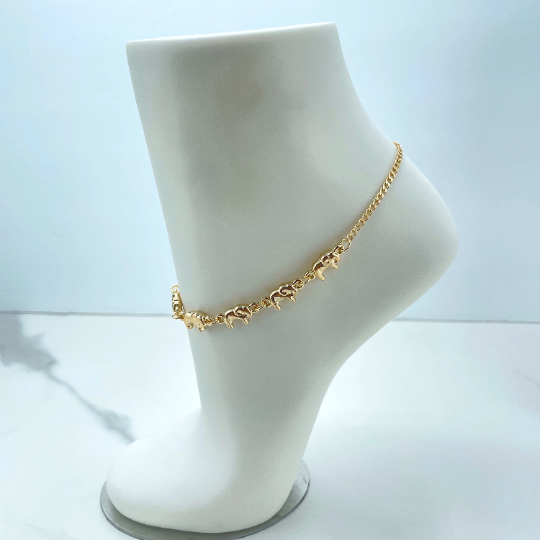 18k Gold Filled 2mm Curb Link Chain with Puffed Elephants Charms Front Linked Chain Anklet