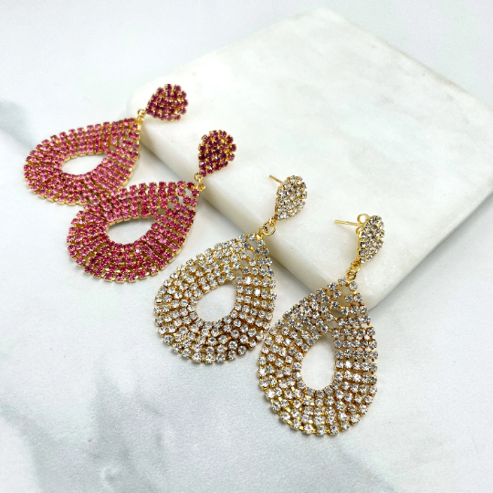 18k Gold Filled Pink or Clear Cubic Zirconia Teardrop Shape Dangle Earrings