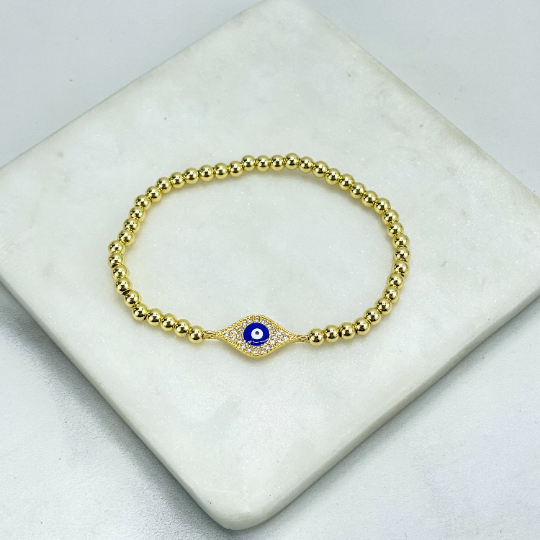 18k Gold Filled or Silver Filled Blue Enamel & Micro CZ Evil Eye Shape Charm, Beaded Fancy Fashion Bracelet, Wholesale Jewelry Supplies