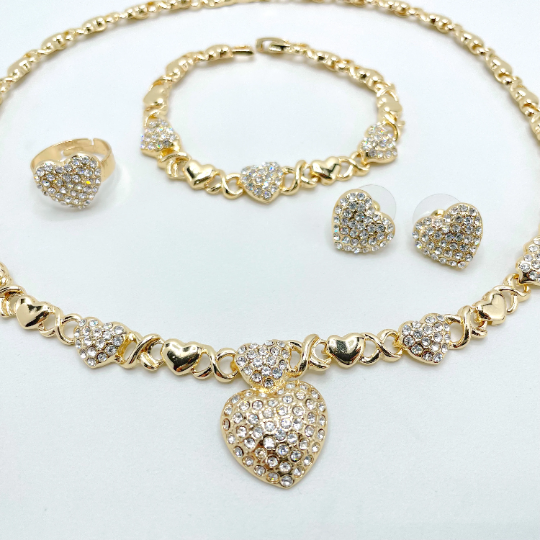 18k Gold Filled Cubic Zirconia Heart Hug & Kisses XoXo Design Set 04 Pieces