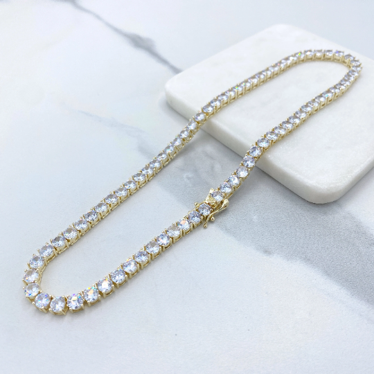 18k Gold Filled or Silver Filled 5mm Cubic Zirconia Round Cut Tennis Necklace, Double Safety Lock Box