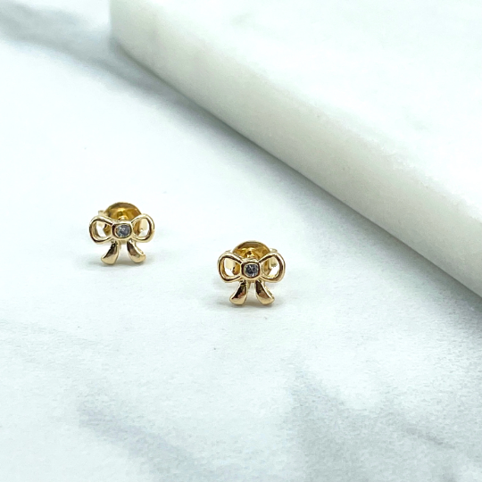 18k Gold Filled Clear Cubic Zirconia Pettie Small Bow Shape Stud Earrings, Delicate Vintage Romantic Earrings