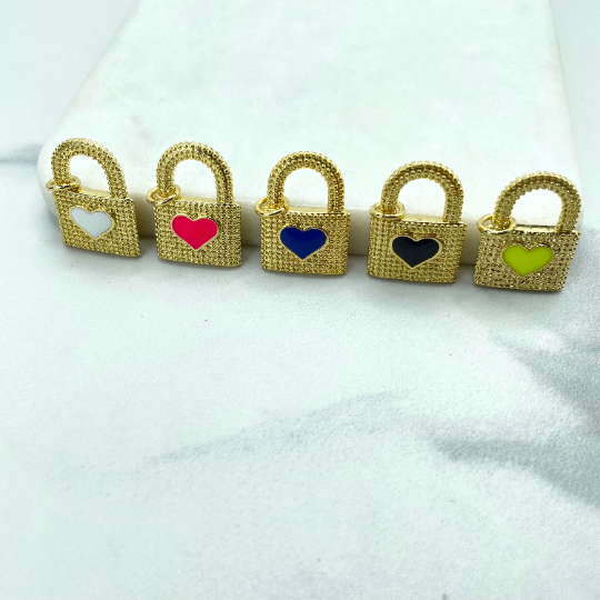 18k Gold Filled Texturized Padlock Shape Design with Colored Enamel Heart Charms Pendant, Wholesale Making Supplies