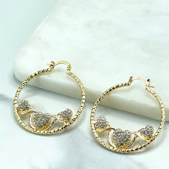 18k Gold Filled Texturized Hoops Earrings with Three Clear Cubic Zirconia Hearts Detail