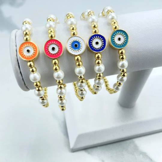 18k Gold Filled Simulated Pearl and Gold Beads Bracelet with Enamel Colored Round Shape Evil Eye Charm Wholesale Jewelry Making Supplies