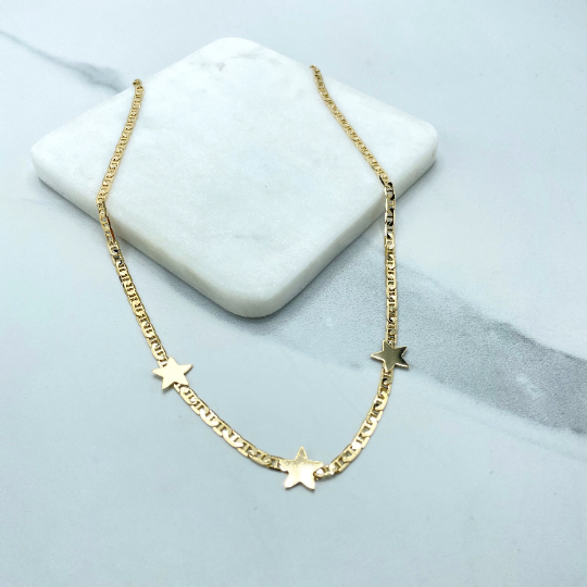 18k Gold Filled 3mm Mariner Link Chain with 03 Stars Charms Linked Necklace