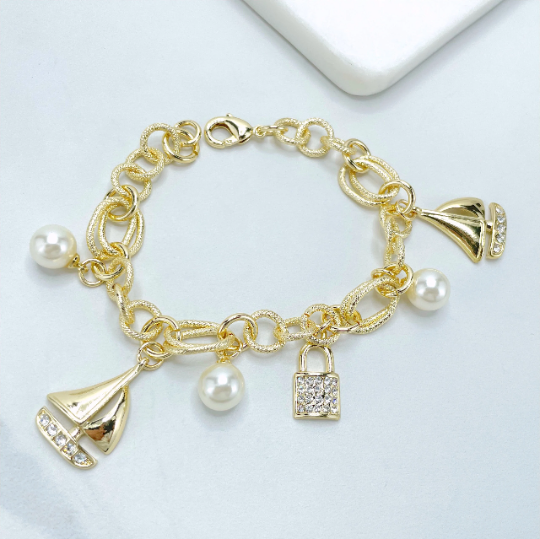 18k Gold Filled Simulated Pearls Charms Bracelet