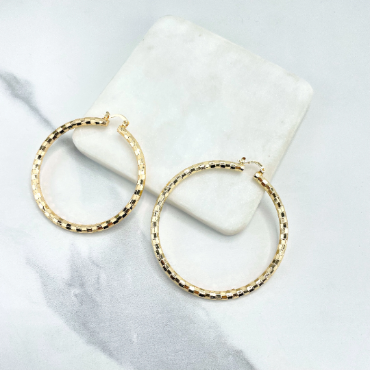 18k Gold Filled Texturized Squares Design Hoops Earrings, Large Hoops 62mm or 72mm