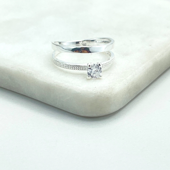 925 Sterling Silver Clear Cubic Zirconia Solitarie Style, Simulated Stackable Layered Ring, Stamped 925