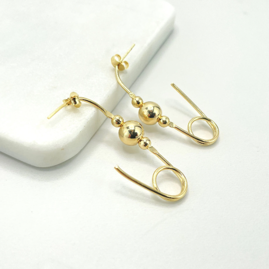 18k Gold Filled Safety Pin Drop with Bead Earrings