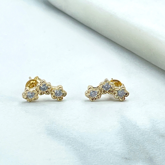 18k Gold Filled Clear Cubic Zirconia 03 Flowers Shape Ear Climbers Earrings, Stud Earrings